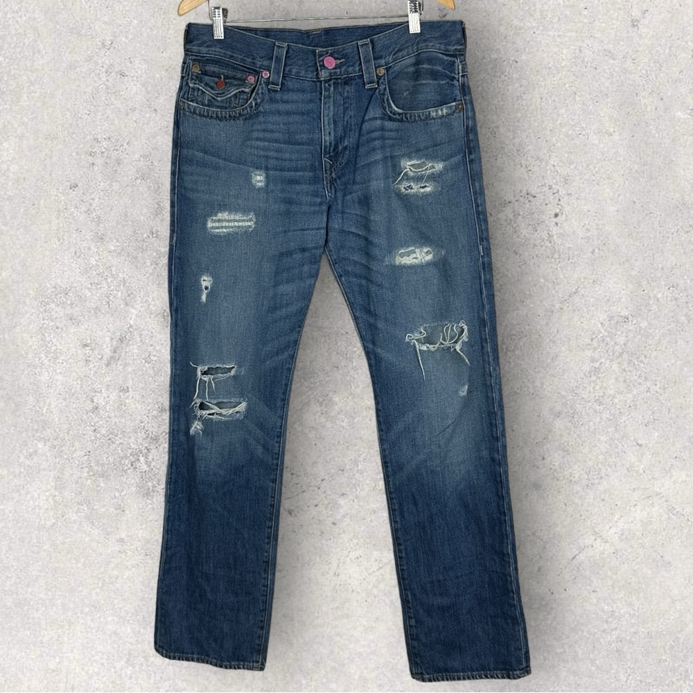 True Religion Ricky Straight Mens Jeans Razors Edge Blue Size 34 Cotton Distress